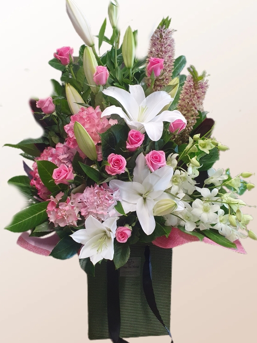 Perfect pink, A large arrangement of assorted pink and white blooms.