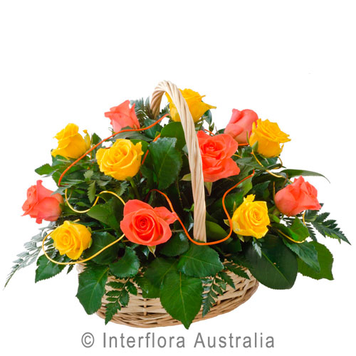 Caress (Orange and Yellow), Basket of Yellow and Orange Roses.