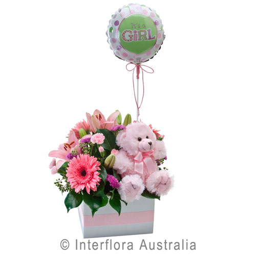 It's a Girl!, Flower Box with a Teddy Bear and Balloon.