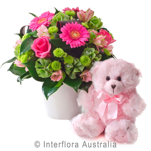 Congratulations (Pink), Bright Mixed Arrangement with a Teddy Bear.