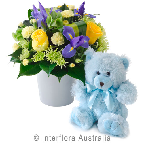 Congratulations (Blue), Bright Mixed Arrangement with a Teddy Bear.