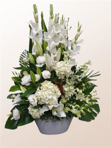 Crystal, Ceramic arrangement of mixed white blooms.